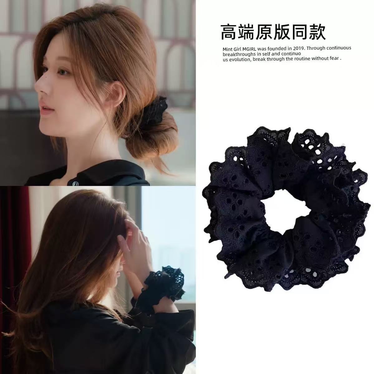 大腸圈格紋多層髮圈－珍珠抓夾款細節｜https://igowo.tw/