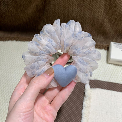 網紗愛心碎花髮圈－薄荷綠碎花款細節｜https://igowo.tw/