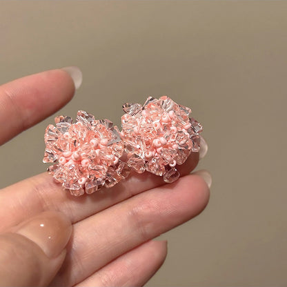 粉色串珠銀針花朵耳釘