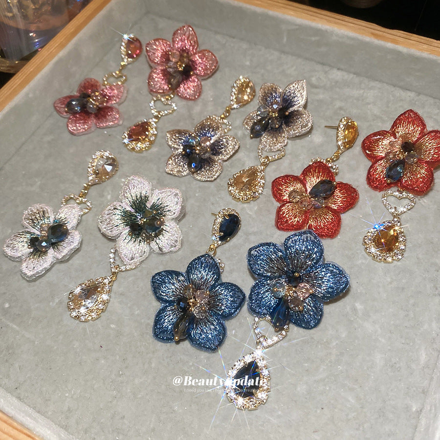 銀針超閃鑲鉆水滴水晶花朵耳環歐美優雅氣質耳釘輕奢高級感耳飾女