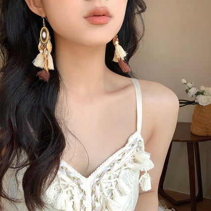 波西米亞彩色羽毛流蘇耳環小眾民族風氣質耳鉤高級感百搭耳飾