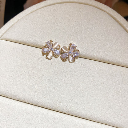 銀針輕奢貓眼石花朵耳釘新款輕奢高級感流蘇耳環百搭氣質耳飾