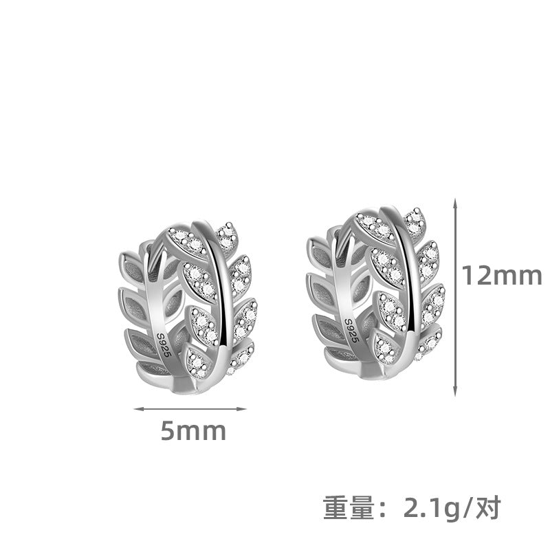 S925 鑲鋯石麥穗耳扣女時尚歐美外貿百搭樹葉養耳洞耳環