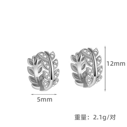 S925 鑲鋯石麥穗耳扣女時尚歐美外貿百搭樹葉養耳洞耳環