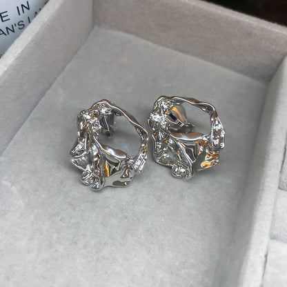 耳夾~18k真金電鍍褶皺圓形金屬耳環歐美跨境時尚設計感小眾耳飾女