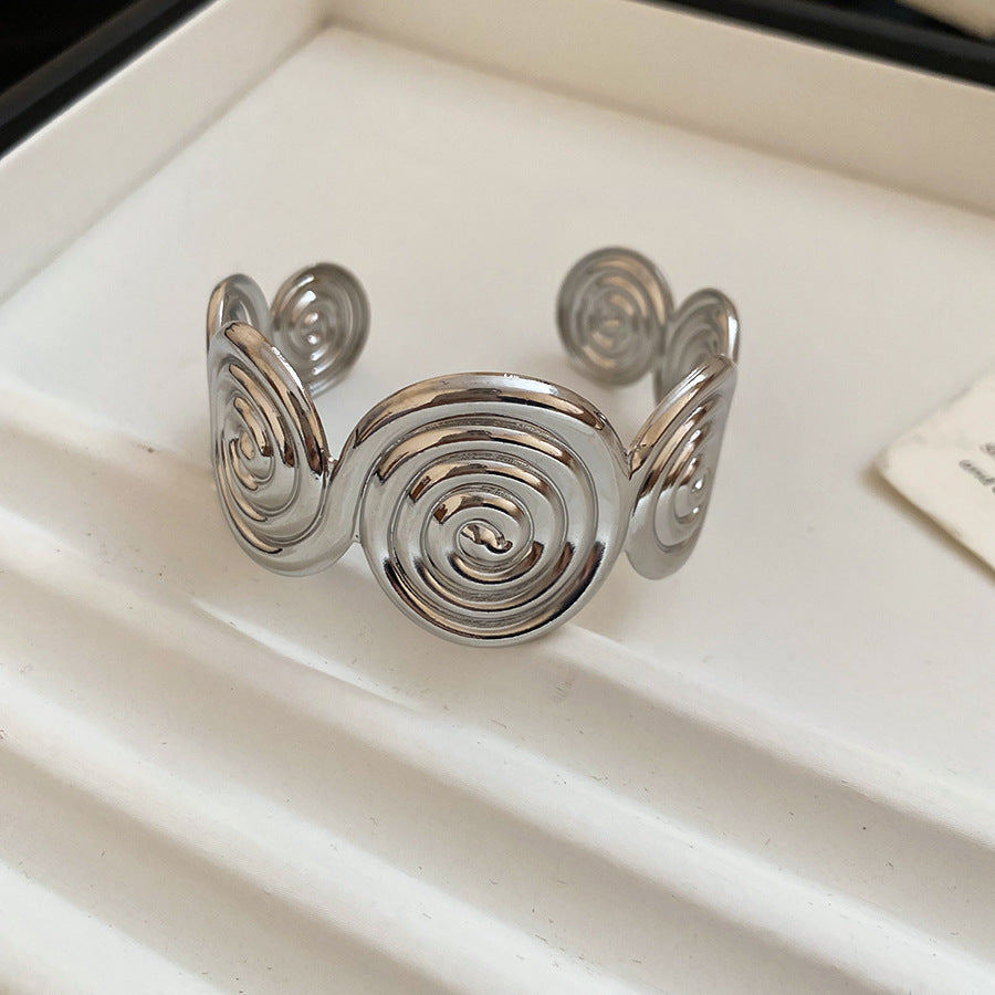 金屬紋路幾何圓形螺旋開口手鐲歐美跨境百搭手環小眾設計感手飾女