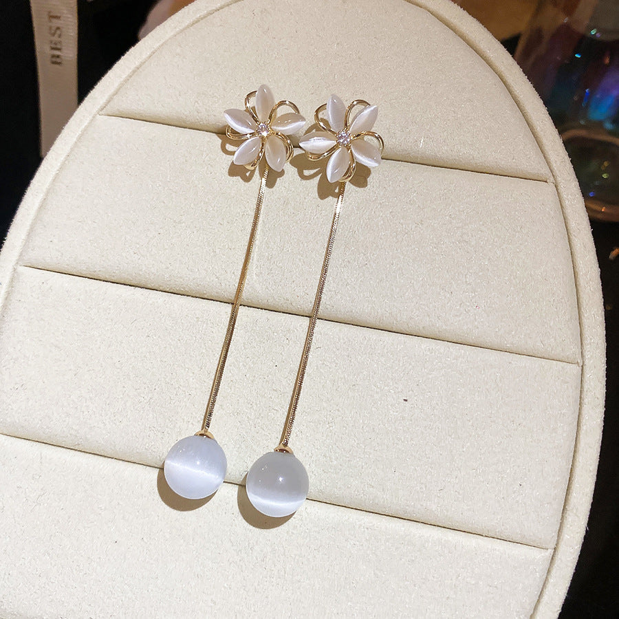 銀針輕奢貓眼石花朵耳釘新款輕奢高級感流蘇耳環百搭氣質耳飾