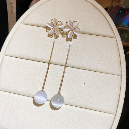 銀針輕奢貓眼石花朵耳釘新款輕奢高級感流蘇耳環百搭氣質耳飾