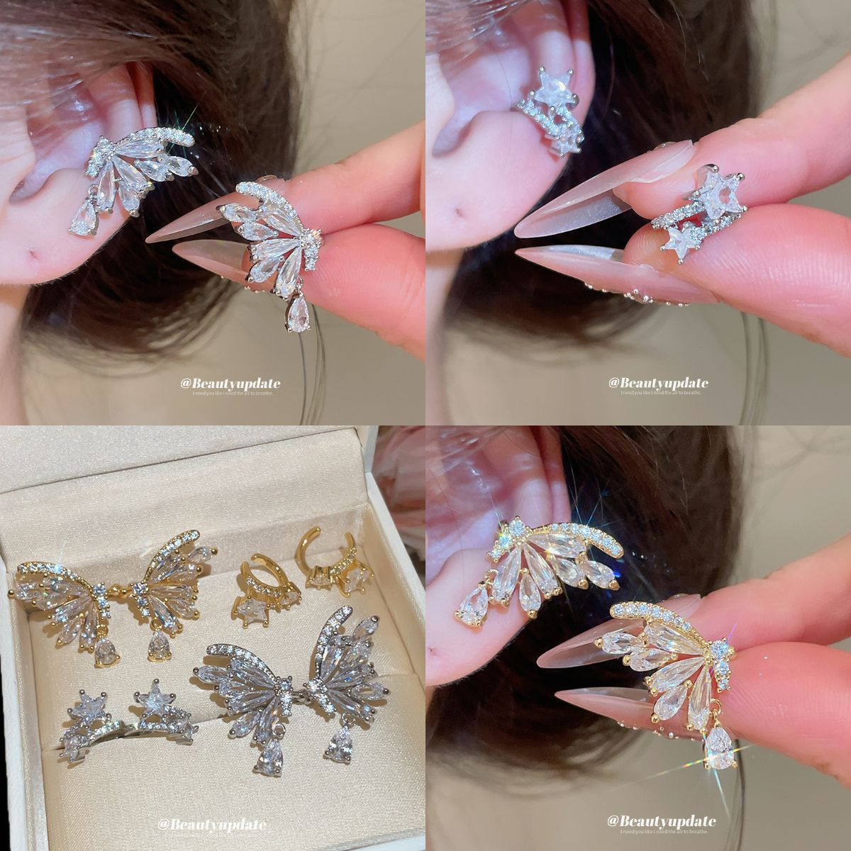 金色鋯石蝴蝶電鍍耳夾－商品主圖｜https://igowo.tw/