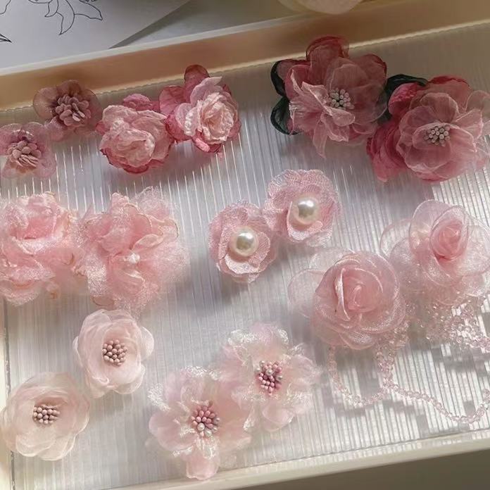 銀針花瓣網紗水晶流蘇耳釘粉色甜美海邊度假風耳環氣質時尚耳飾女