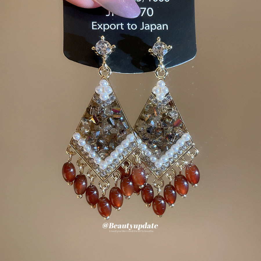 銀針超閃鑲鉆菱形水晶流蘇耳環復古美拉德風耳釘輕奢高級感耳飾女