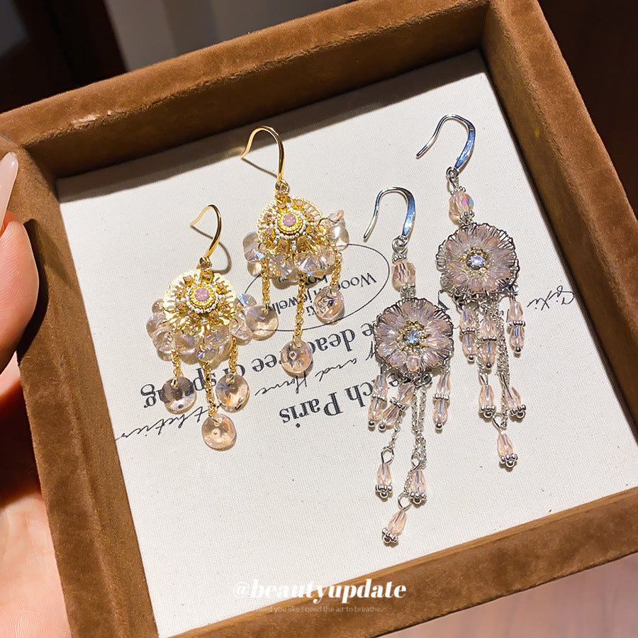 琉璃鋯石花朵流蘇耳環－耳鉤-金色-粉色款實拍｜https://igowo.tw/