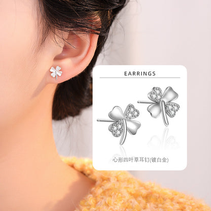 S925 鑲鑽心形四葉草耳釘日韓時尚氣質鍍K金輕奢女款小耳環