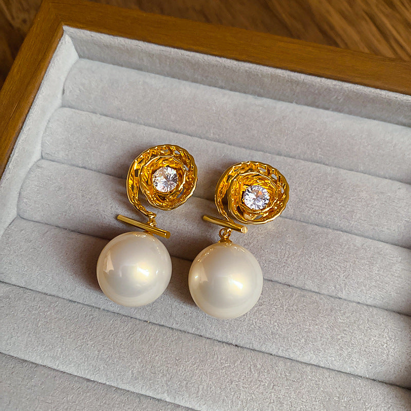 真金電鍍銀針鋯石花朵珍珠耳釘中古氣質百搭耳環輕奢高級感耳飾女