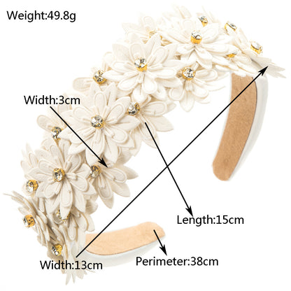 皮革花朵多層鑲鑽髮箍－白色款實拍｜https://igowo.tw/