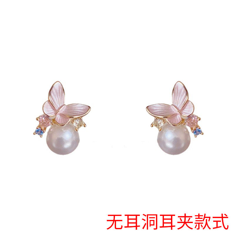 粉色珍珠蝴蝶小巧耳釘