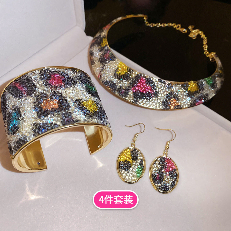金屬橢圓形項圈手鐲耳鉤歐美跨境個性小眾首飾套裝輕奢高級感飾品