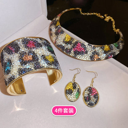 金屬橢圓形項圈手鐲耳鉤歐美跨境個性小眾首飾套裝輕奢高級感飾品