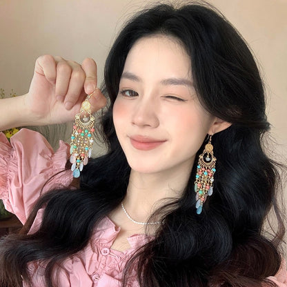 波西米亞彩色羽毛流蘇耳環小眾民族風氣質耳鉤高級感百搭耳飾