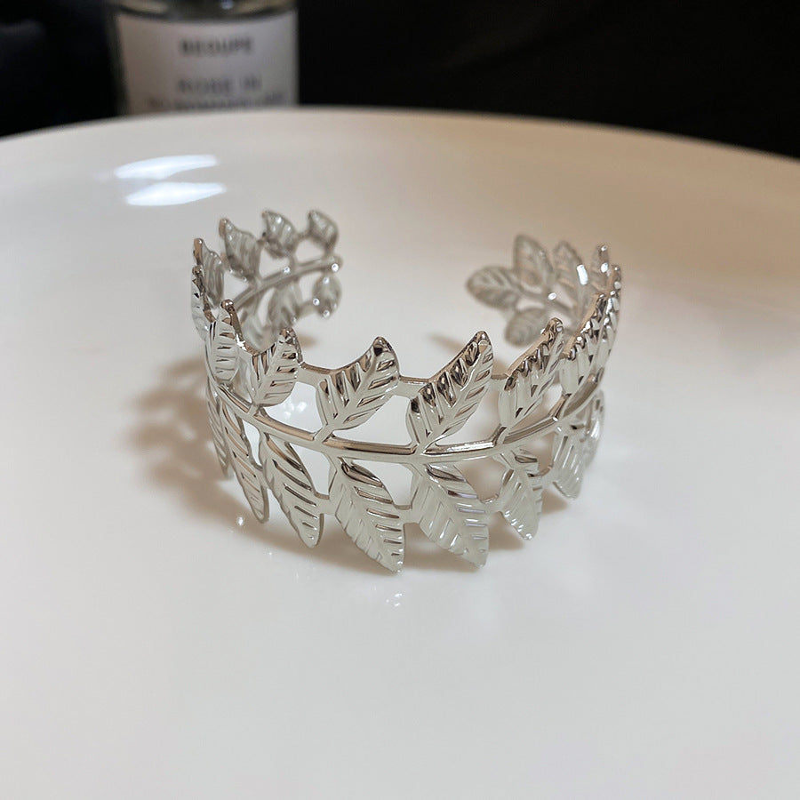 歐美金屬樹葉紋路開口手鐲個性夸張簡約時尚手環輕奢高級感手飾女