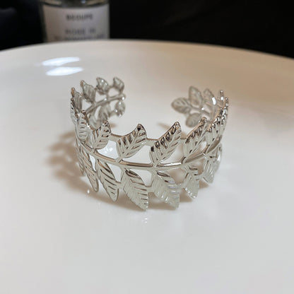 歐美金屬樹葉紋路開口手鐲個性夸張簡約時尚手環輕奢高級感手飾女