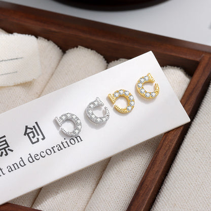 S925 鑲鑽圓形半圓釘子耳釘日韓時尚個性鍍K金輕奢女ins風耳環