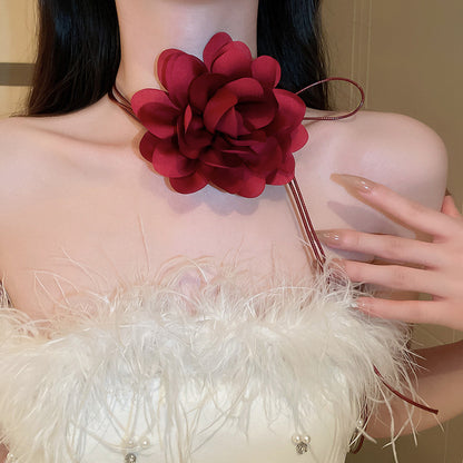 緞帶花朵項鍊－46#項鍊-黑色-白色款細節｜https://igowo.tw/