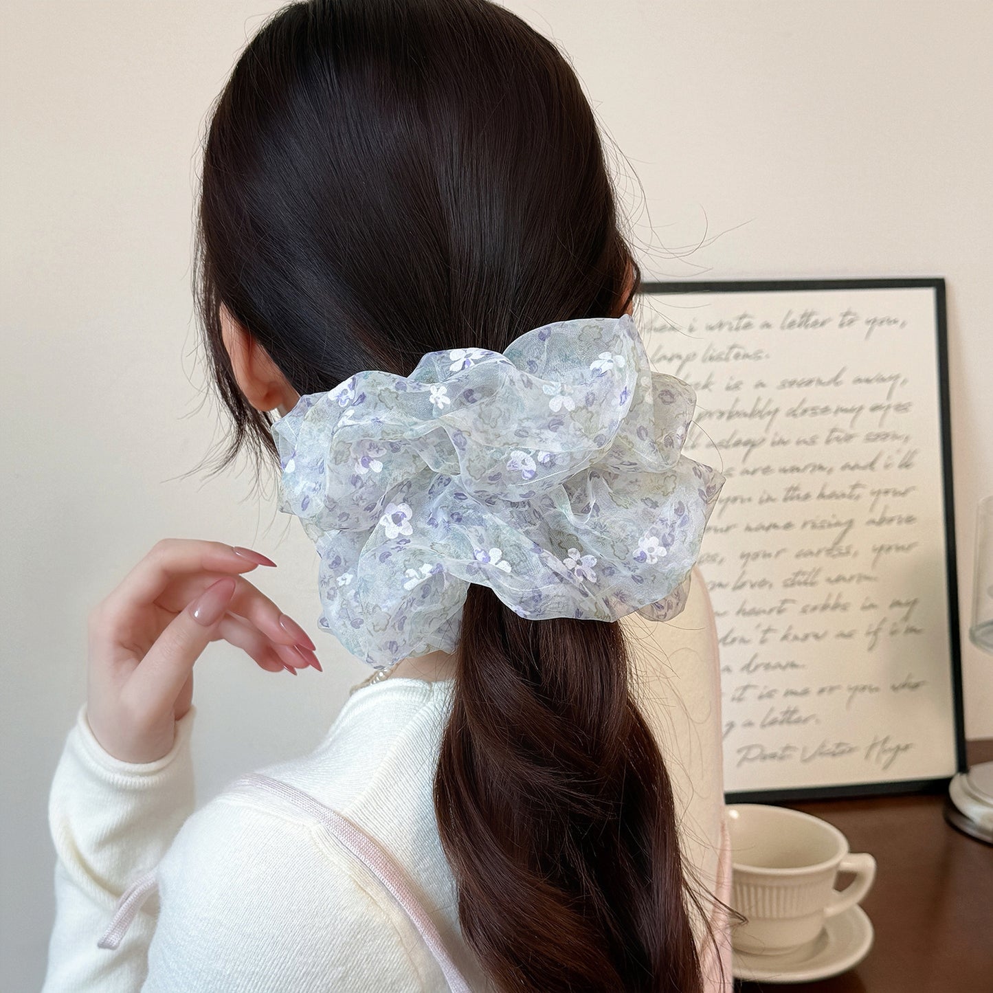 網紗大腸圈髮圈－粉色印花款實拍｜https://igowo.tw/