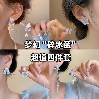 水晶珍珠蝴蝶流蘇耳釘－商品主圖｜https://igowo.tw/