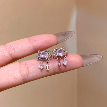 甜美可愛微鑲鋯石魚尾小貓耳釘