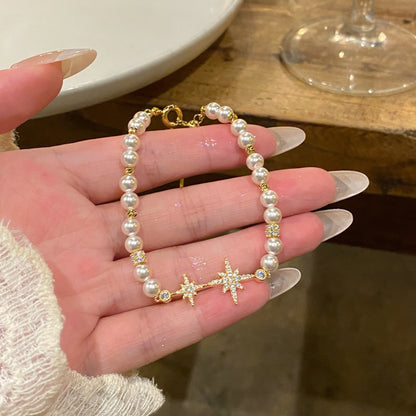 18k真金電鍍珍珠串珠鋯石芒星手鏈女小眾設計感手環時尚輕奢手飾