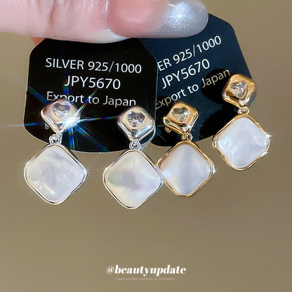 耳夾~18k真金電鍍鋯石貝母菱形時尚個性氣質設計感小眾無耳洞耳飾
