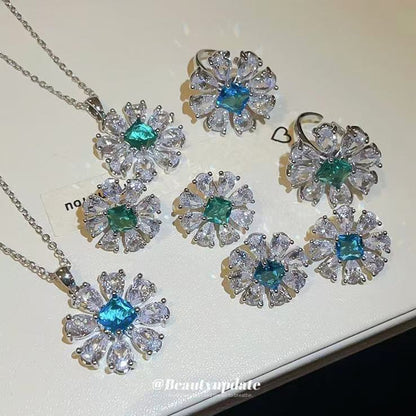 鋯石花朵項鍊耳環組－商品主圖｜https://igowo.tw/
