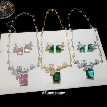 鋯石花朵項鍊耳環組－商品主圖｜https://igowo.tw/