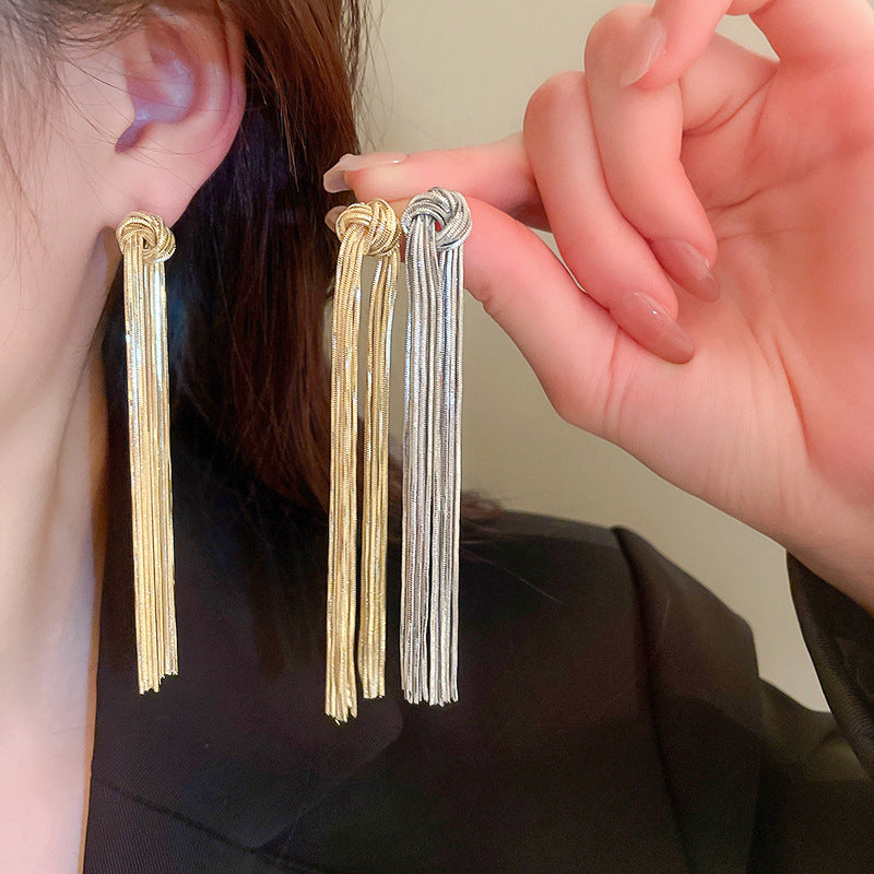 銀針歐美輕奢金屬打結流蘇耳釘耳環小眾冷淡風耳墜時尚高級感耳飾