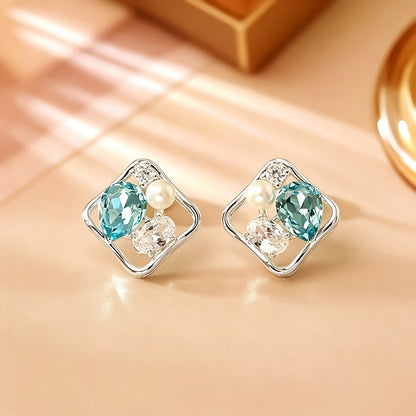 彩色珍珠鋯石菱形耳釘－細節特寫1｜https://igowo.tw/