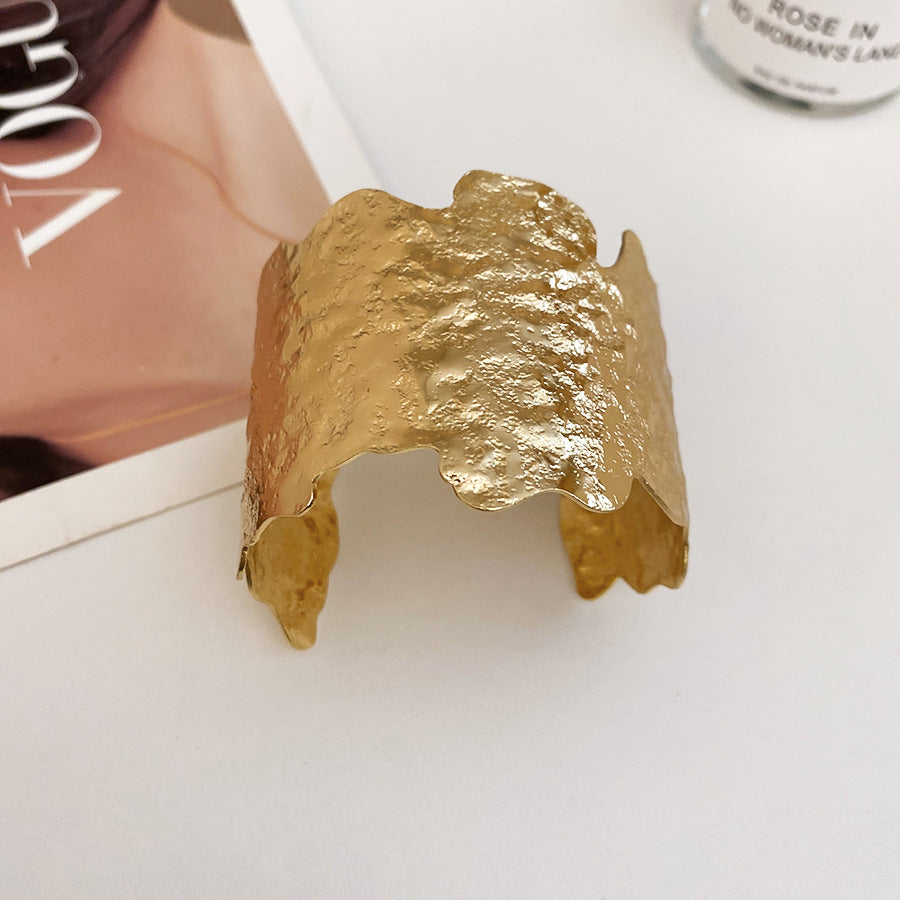 歐美跨境金屬褶皺不規則圓形開口手鐲輕奢高級感手環巨好看手飾女