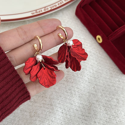 紅色銀針花朵耳環