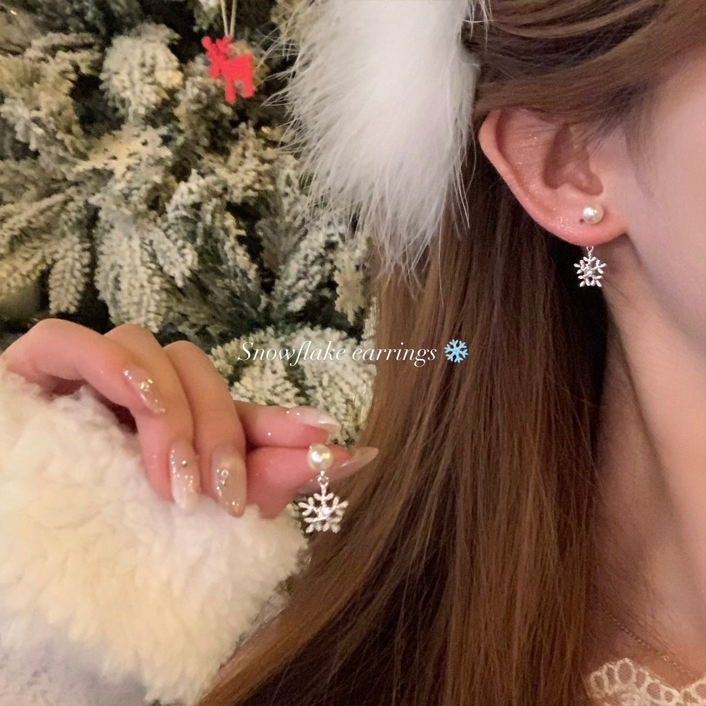 銀針鋯石雪花珍珠耳釘圣誕優雅小眾氣質百搭耳環輕奢高級感耳飾女