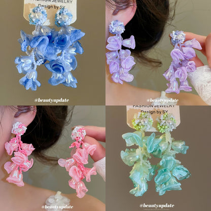銀針鈴蘭春信！綠色鈴蘭花珍珠耳環氛圍感海邊度假風花瓣耳釘耳飾