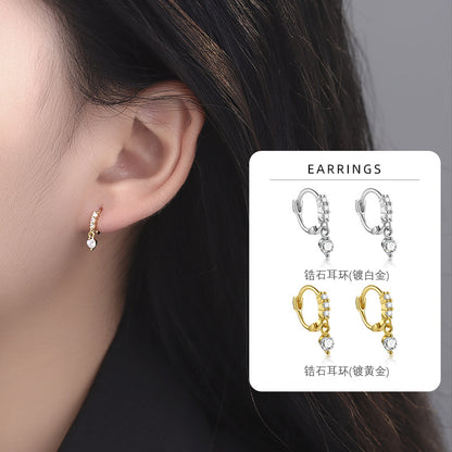 S925 鑲鑽吊鋯石耳扣日韓時尚氣質鍍K金輕奢女款ins風小耳環