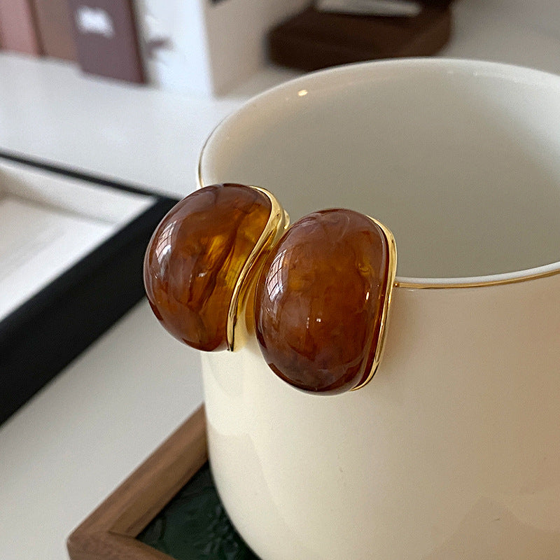 銀針復古暈染橢圓C形耳釘小眾簡約耳環女時尚氣質耳飾輕奢高級感