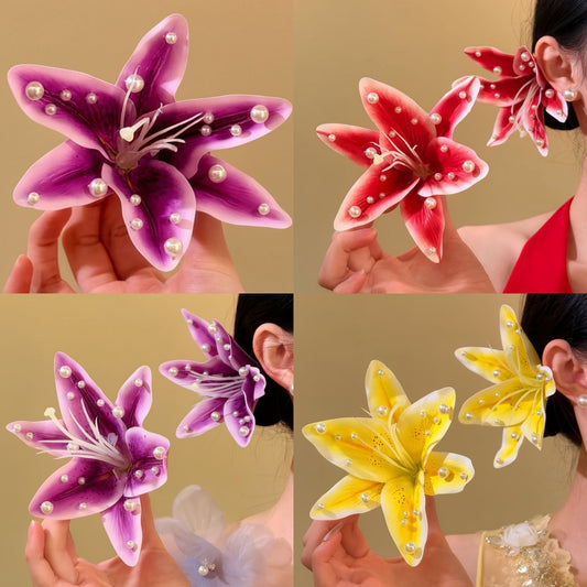 春季新款布藝花朵珍珠發夾優雅氣質百搭盤發鴨嘴夾輕奢小眾發飾女