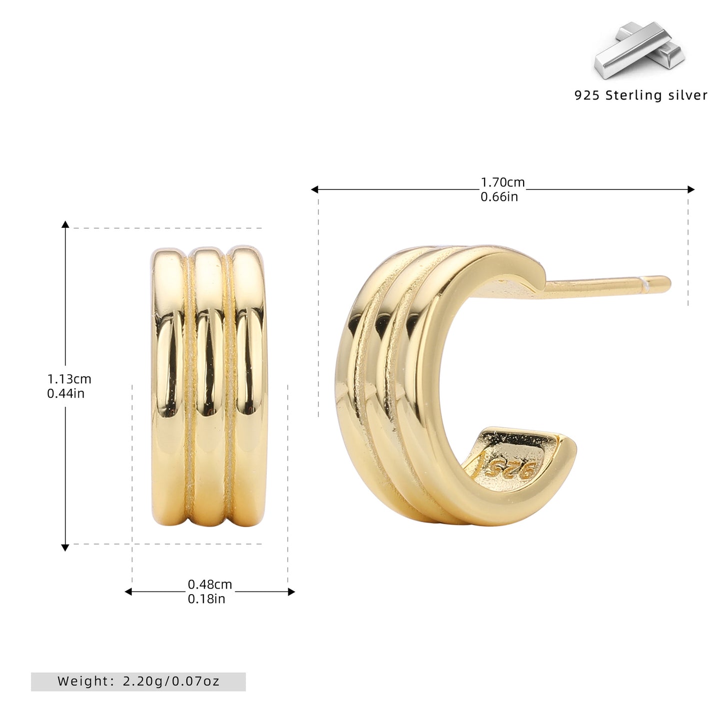 S925 新款耳釘時尚簡約三層C型耳飾輕奢古典小眾個性飾品
