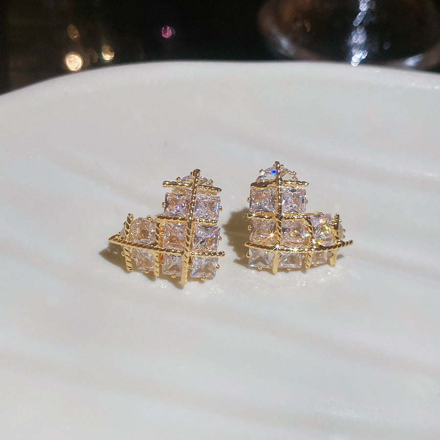 真金電鍍銀針鋯石愛心耳釘休閑簡約時尚耳墜耳環輕奢高級感耳飾女