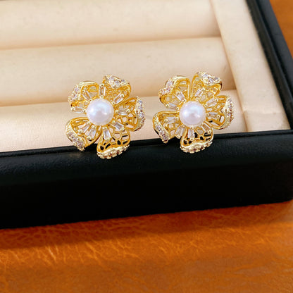 金色珍珠花朵電鍍耳釘