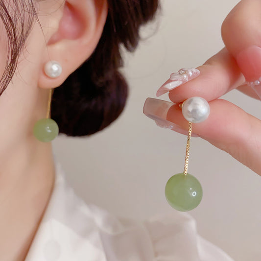 綠色珍珠兩用簡約耳墜－商品主圖｜https://igowo.tw/