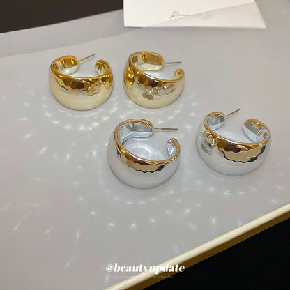 菱紋寬邊大C型耳圈耳環跨境新款簡約設計感耳釘小眾高級感耳飾女