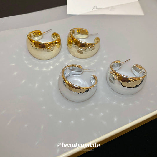 菱紋寬邊大C型耳圈耳環跨境新款簡約設計感耳釘小眾高級感耳飾女