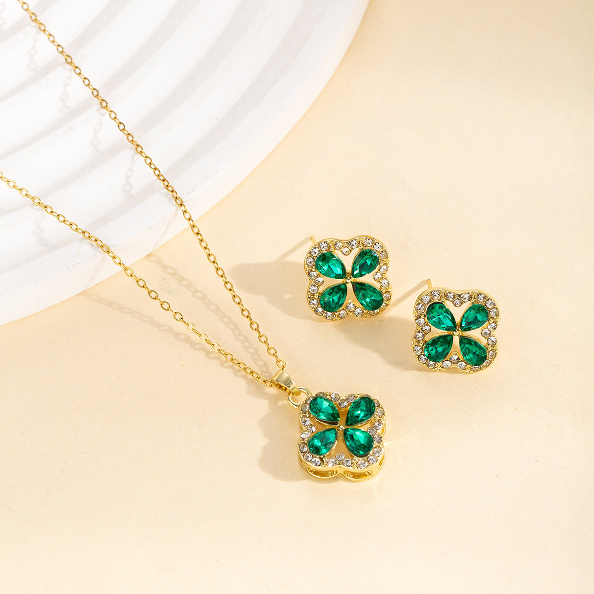 鋯石幸運草項鍊耳環組